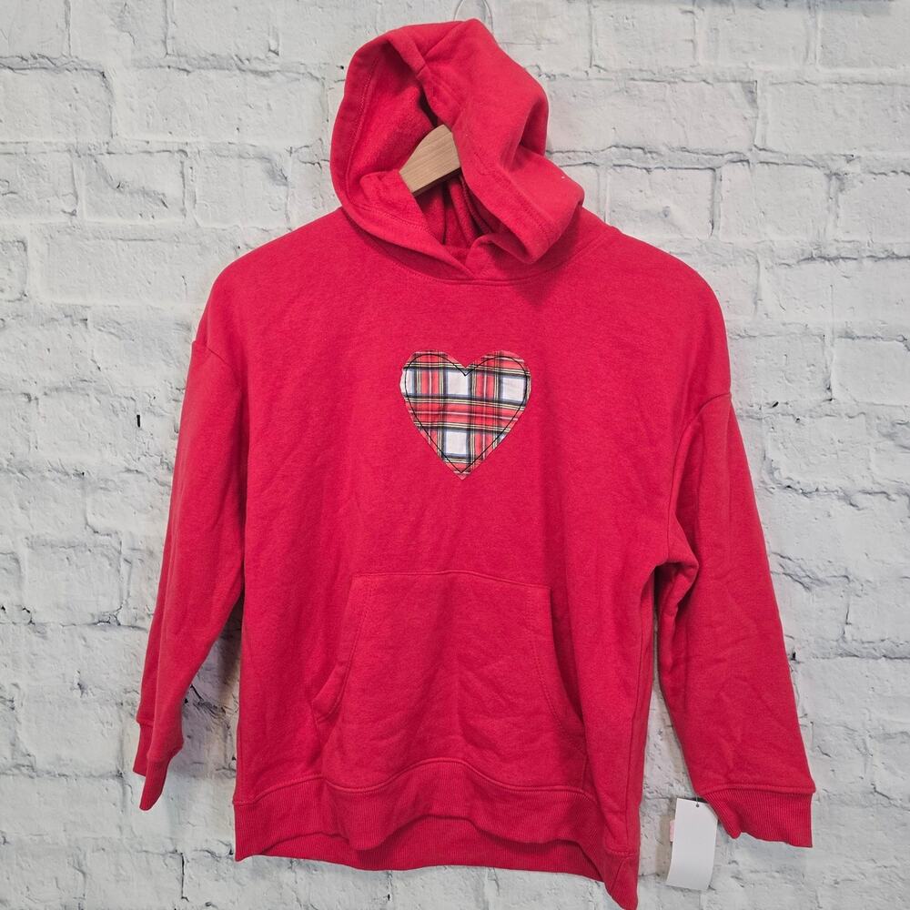 Girls Red Plaid Heart Hoodie sweatshirt Sz 14 sweater top fleece A10
